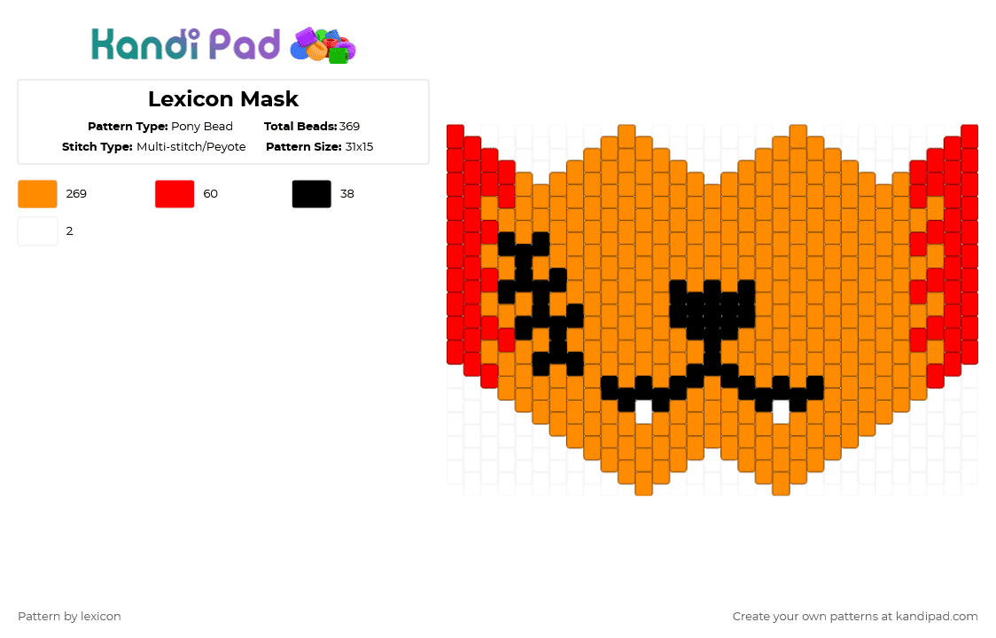 Lexicon Mask - Pony Bead Pattern by lexicon on Kandi Pad - orange,red,black,white