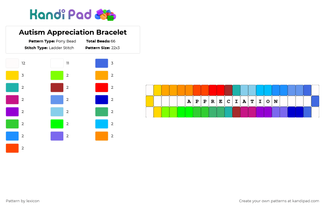 Autism Appreciation Bracelet - Pony Bead Pattern by lexicon on Kandi Pad - white,green,red,colorful,autism
