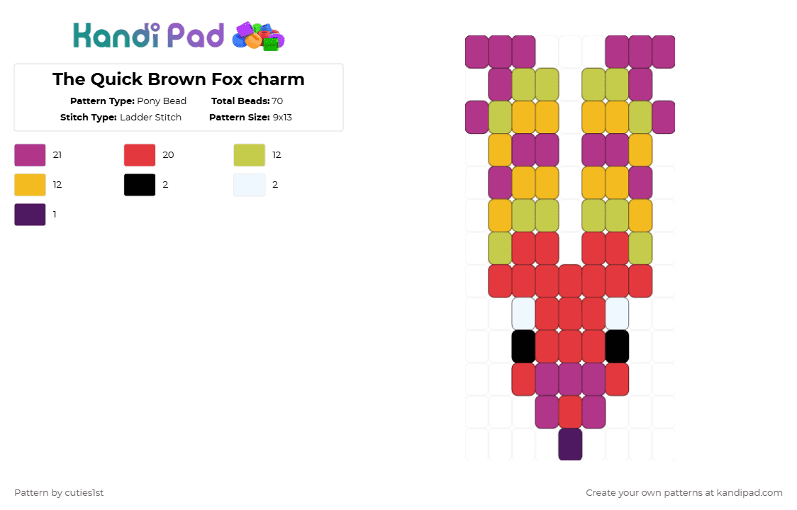 The Quick Brown Fox charm - Pony Bead Pattern by cuties1st on Kandi Pad - pink,red,tbqf,lapfox,lapfox trax,halley labs,the quick brown fox,charm
