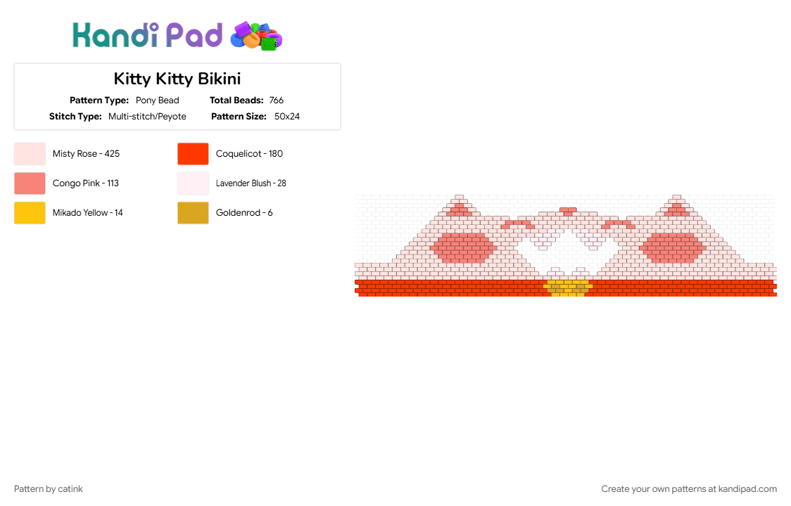 Kitty Kitty Bikini - Pony Bead Pattern by catink on Kandi Pad - animal, bikini, bikini top, cat, cute, kawaii, kitty, orange, red, white