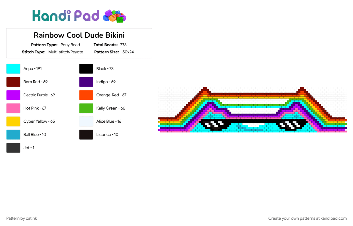 Rainbow Cool Dude Bikini - Pony Bead Pattern by catink on Kandi Pad - bikini, cool, light blue, purple, rainbow, summer, sunglasses