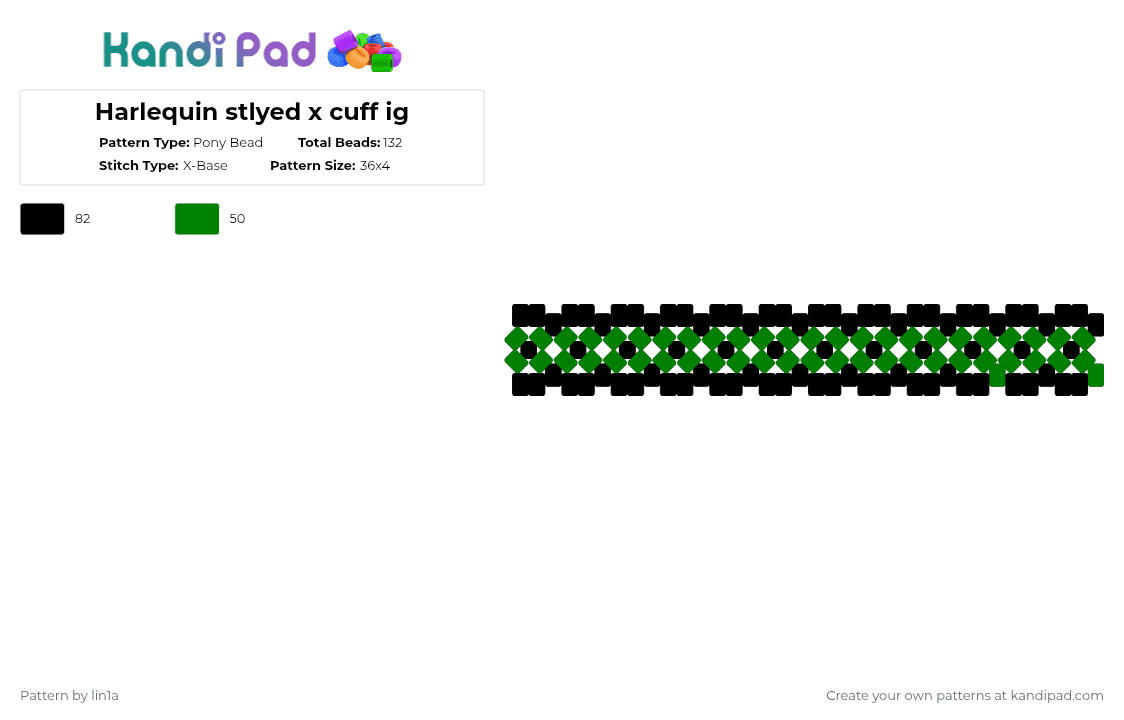 Harlequin stlyed x cuff ig - Pony Bead Pattern by lin1a on Kandi Pad - black,green