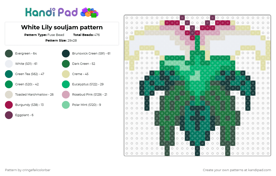 White Lily souljam pattern - Fuse Bead Pattern by cringefailcolorbar on Kandi Pad - green,teal,gray