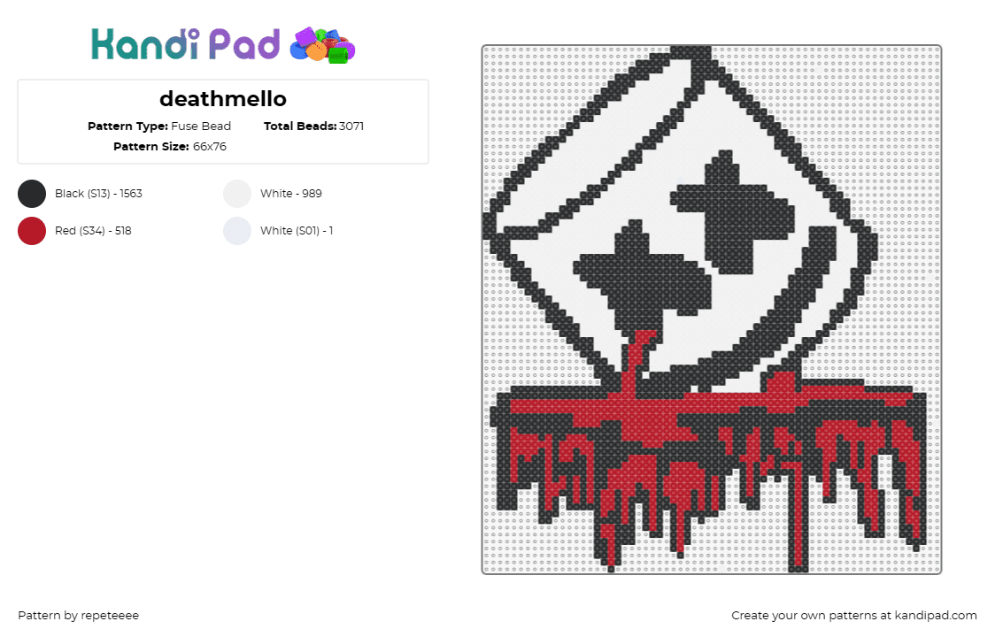 deathmello - Fuse Bead Pattern by repeteeee on Kandi Pad - marshmello,svdden death,sudden,mellodeath,mashup,dj,edm,music,white,black,red