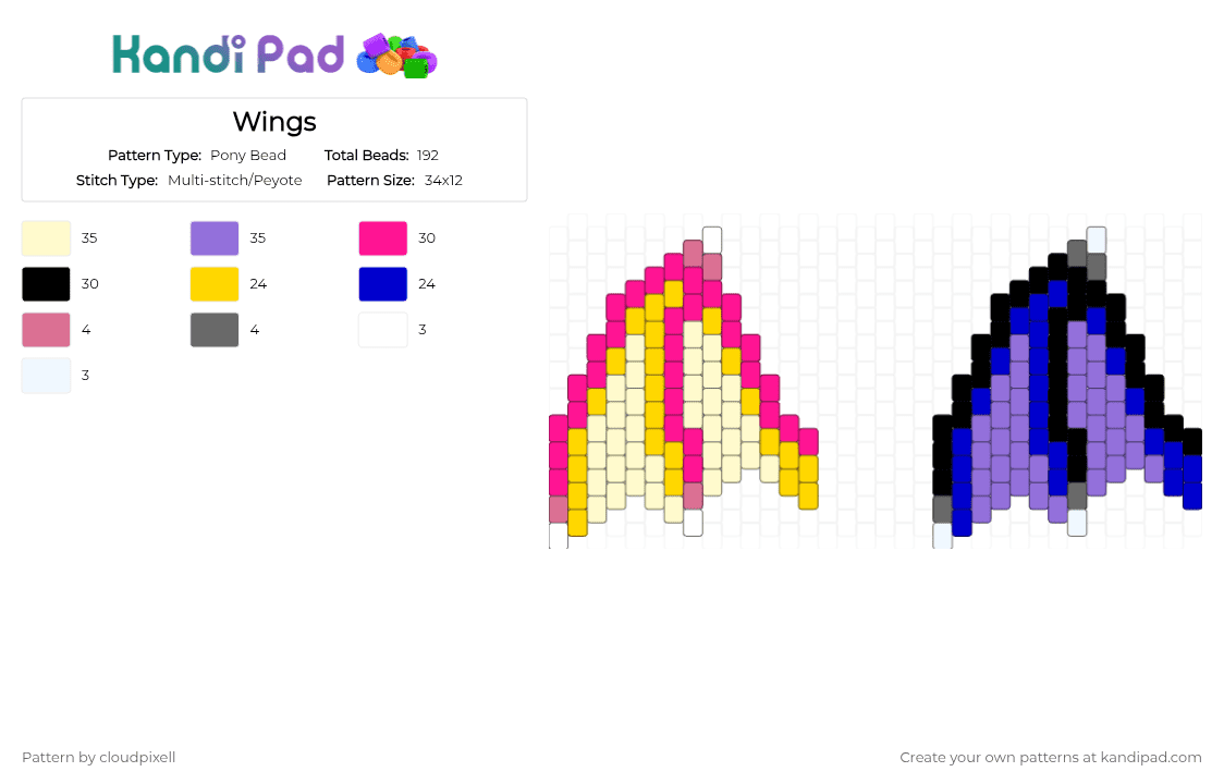 Wings - Pony Bead Pattern by cloudpixell on Kandi Pad - purple, yellow