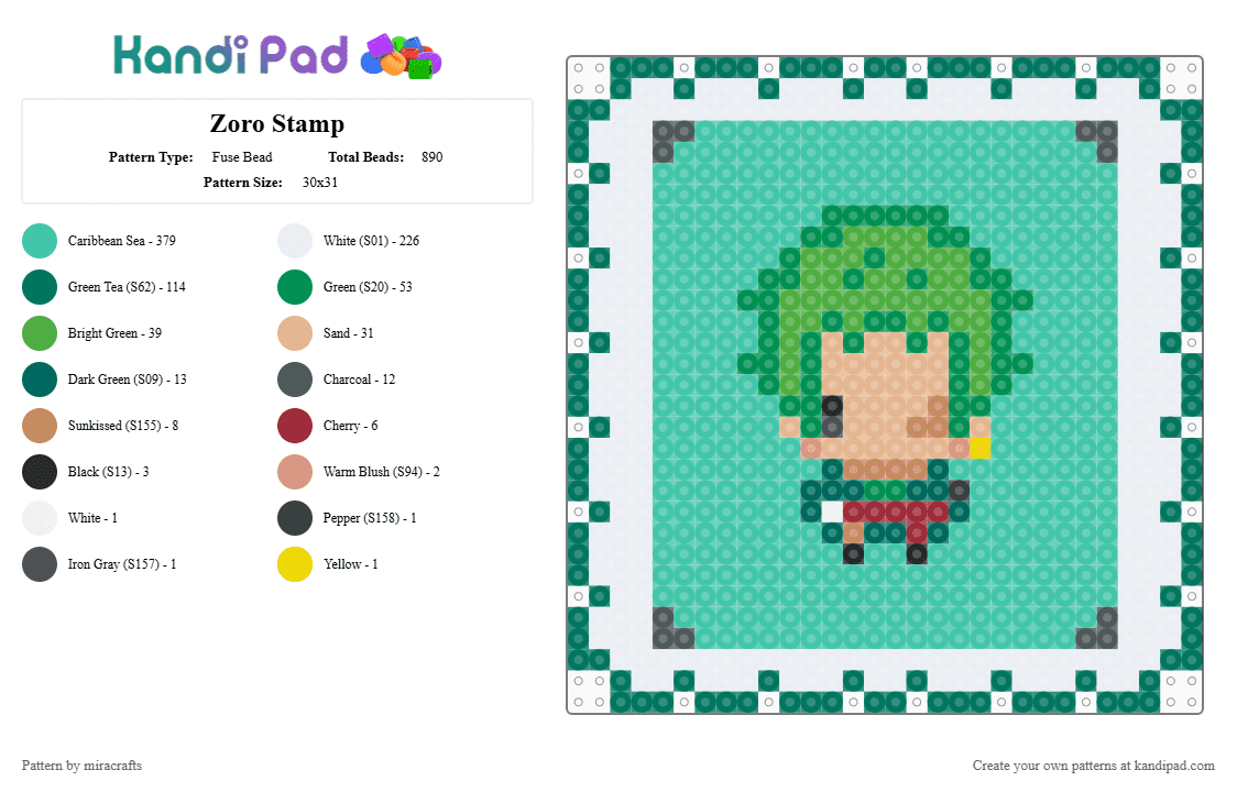 Zoro Stamp - Fuse Bead Pattern by miracrafts on Kandi Pad - green, teal
