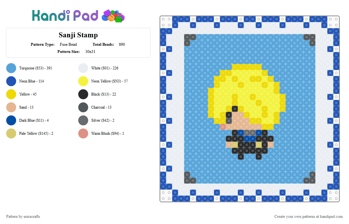 Sanji Stamp - Fuse Bead Pattern by miracrafts on Kandi Pad - blue, light blue, yellow