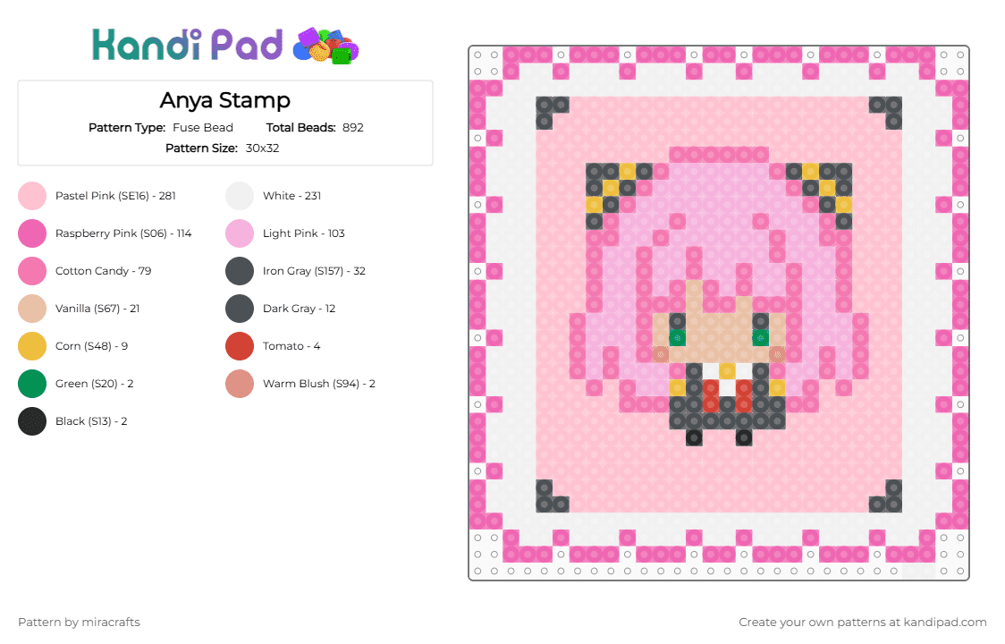 Anya Stamp - Fuse Bead Pattern by miracrafts on Kandi Pad - pink