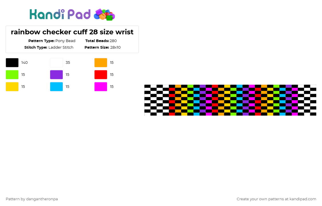 rainbow checker cuff 28 size wrist - Pony Bead Pattern by dangantheronpa on Kandi Pad - black,green,red,light blue,colorful,28,28 wrist,rainbow,rainbow cuff,checker,checkered,ladder stitch,ladder cuff