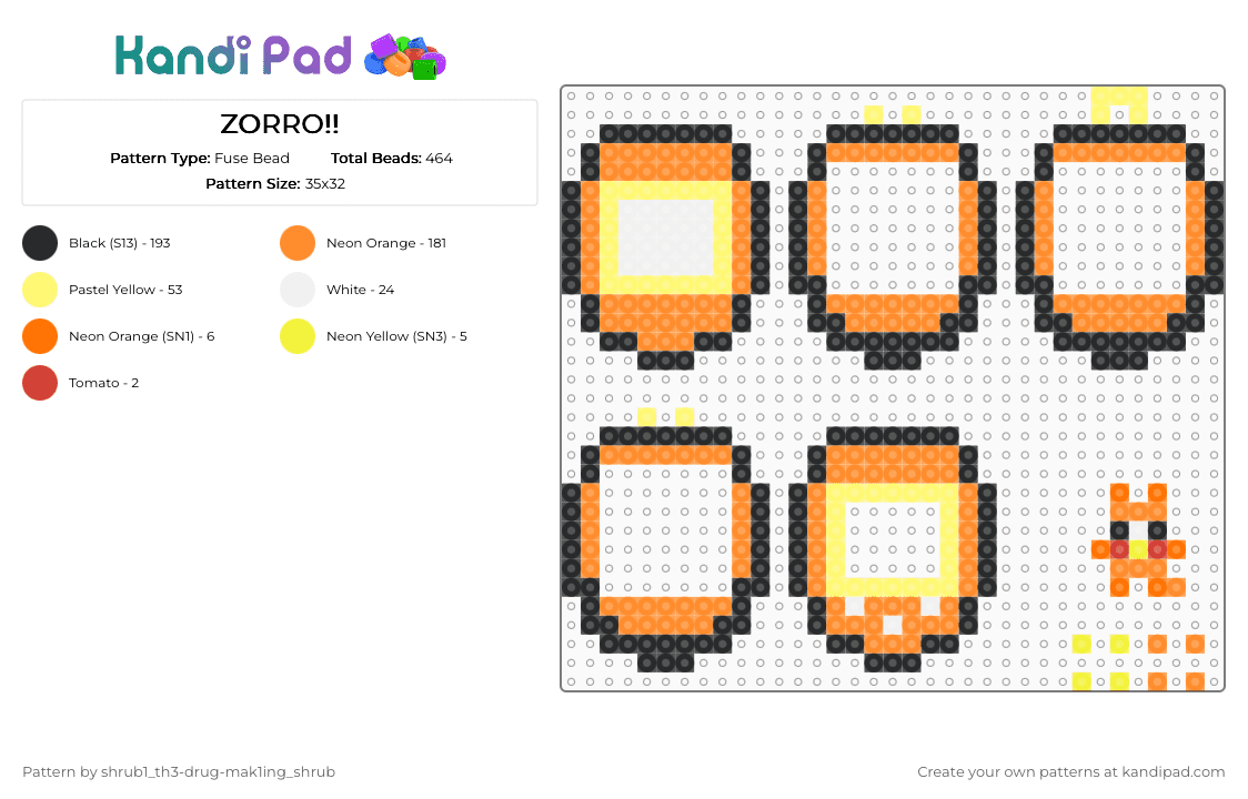 ZORRO FROM DOLLY’S FACTORY!! - Fuse Bead Pattern by shrub1_th3-drug-mak1ing_shrub on Kandi Pad - orange