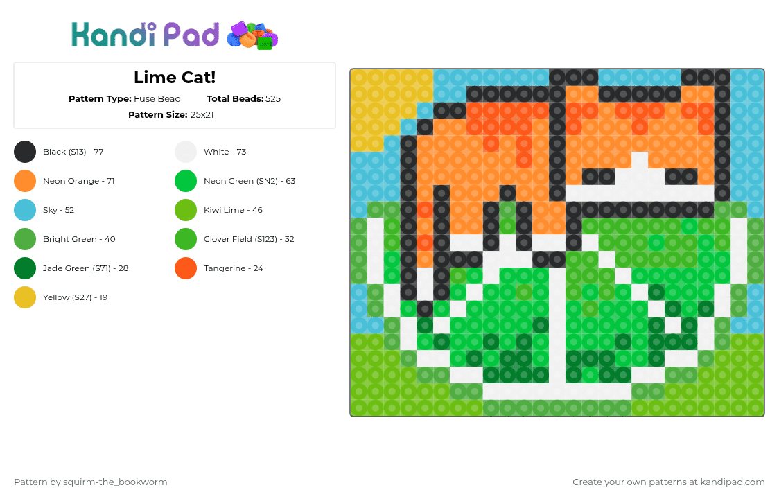 Lime Cat! - Fuse Bead Pattern by shrub1_th3-drug-mak1ing_shrub on Kandi Pad - green,orange