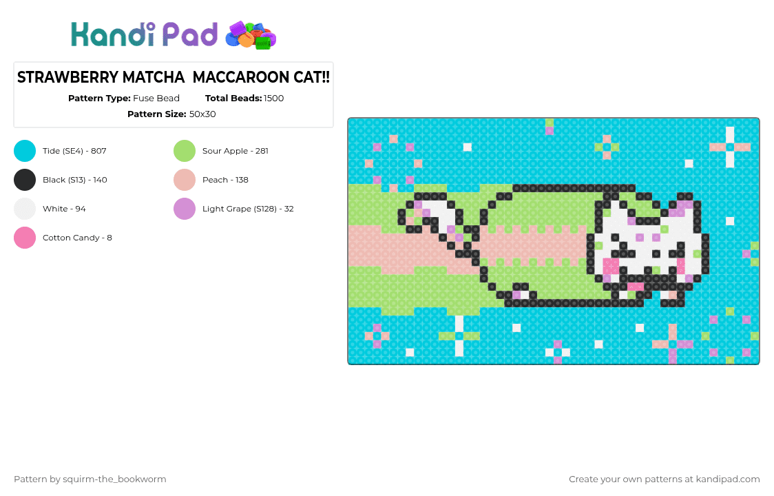 STRAWBERRY MATCHA  MACCAROON CAT!! - Fuse Bead Pattern by shrub1_th3-drug-mak1ing_shrub on Kandi Pad - light blue
