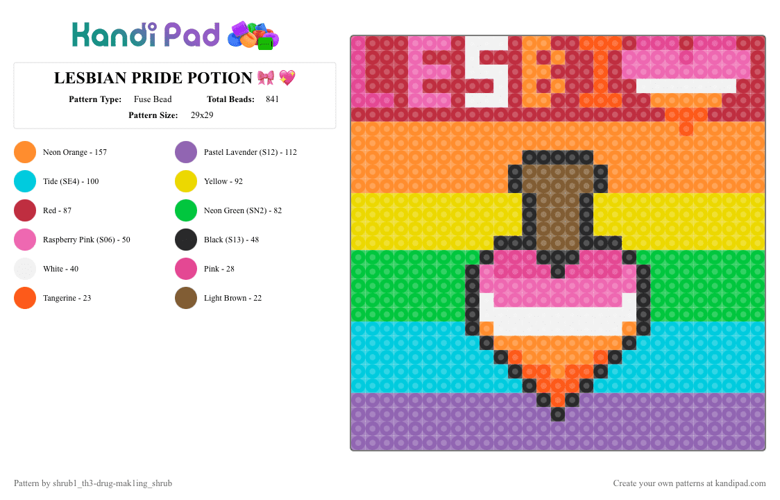 LESBIAN PRIDE POTION 🎀 💖 - Fuse Bead Pattern by shrub1_th3-drug-mak1ing_shrub on Kandi Pad - orange,pink,light blue