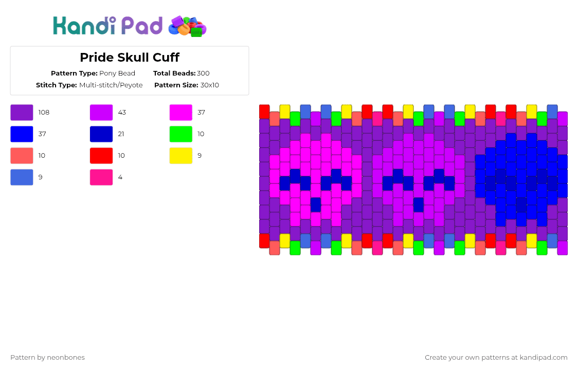 Pride Skull Cuff - Pony Bead Pattern by neonbones on Kandi Pad - purple
