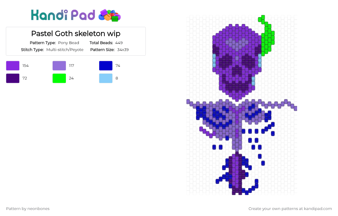 Pastel Goth skeleton wip - Pony Bead Pattern by neonbones on Kandi Pad - purple