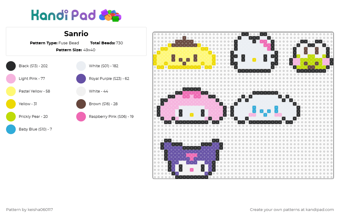 Sanrio - Fuse Bead Pattern by keisha060117 on Kandi Pad - white,yellow,pink,purple
