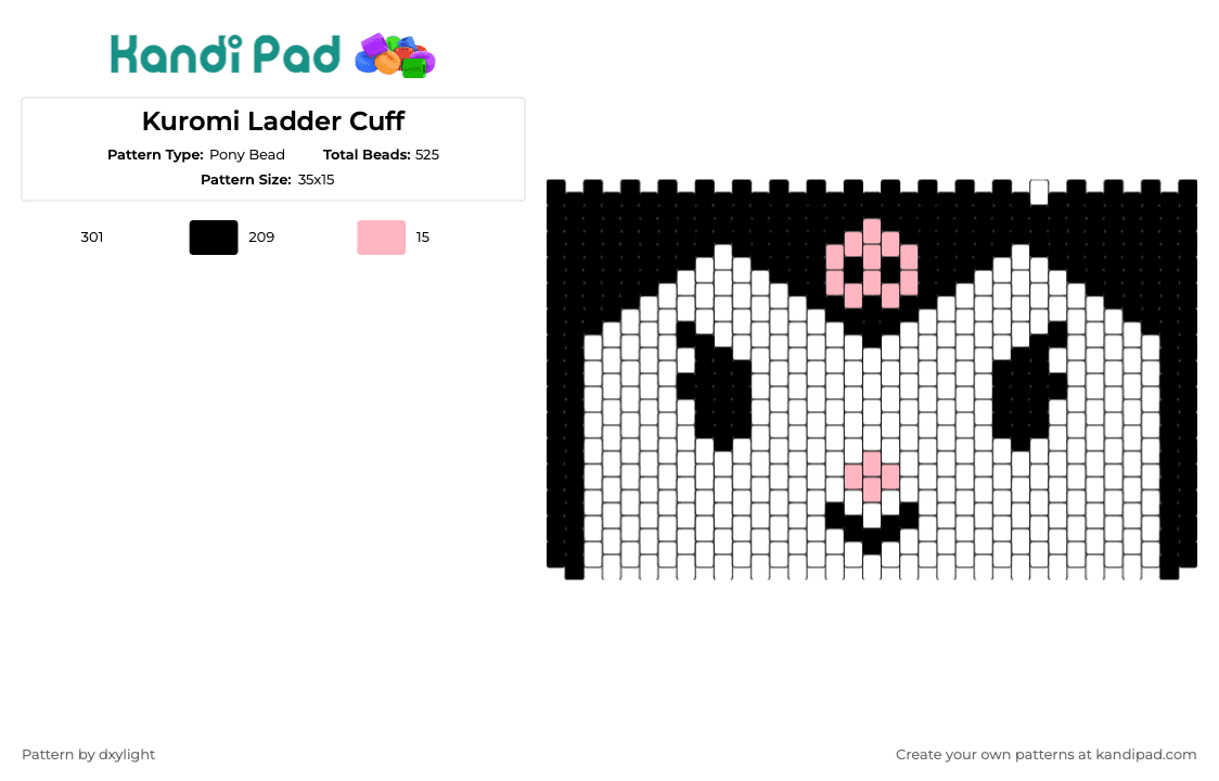 Kuromi Ladder Cuff - Pony Bead Pattern by dxylight on Kandi Pad - kuromi,sanrio,cuff,character,mischievous,whimsical,charm,black,white