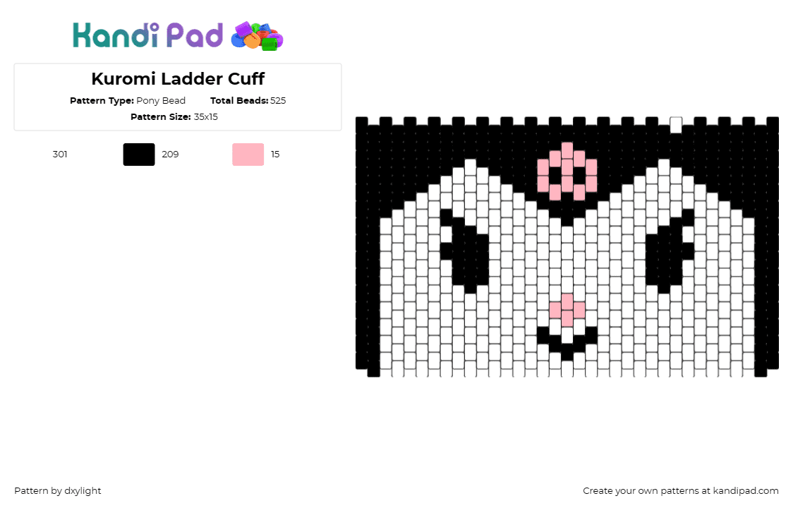 Kuromi Ladder Cuff - Pony Bead Pattern by dxylight on Kandi Pad - kuromi,sanrio,kawaii,face,cuff,black,white