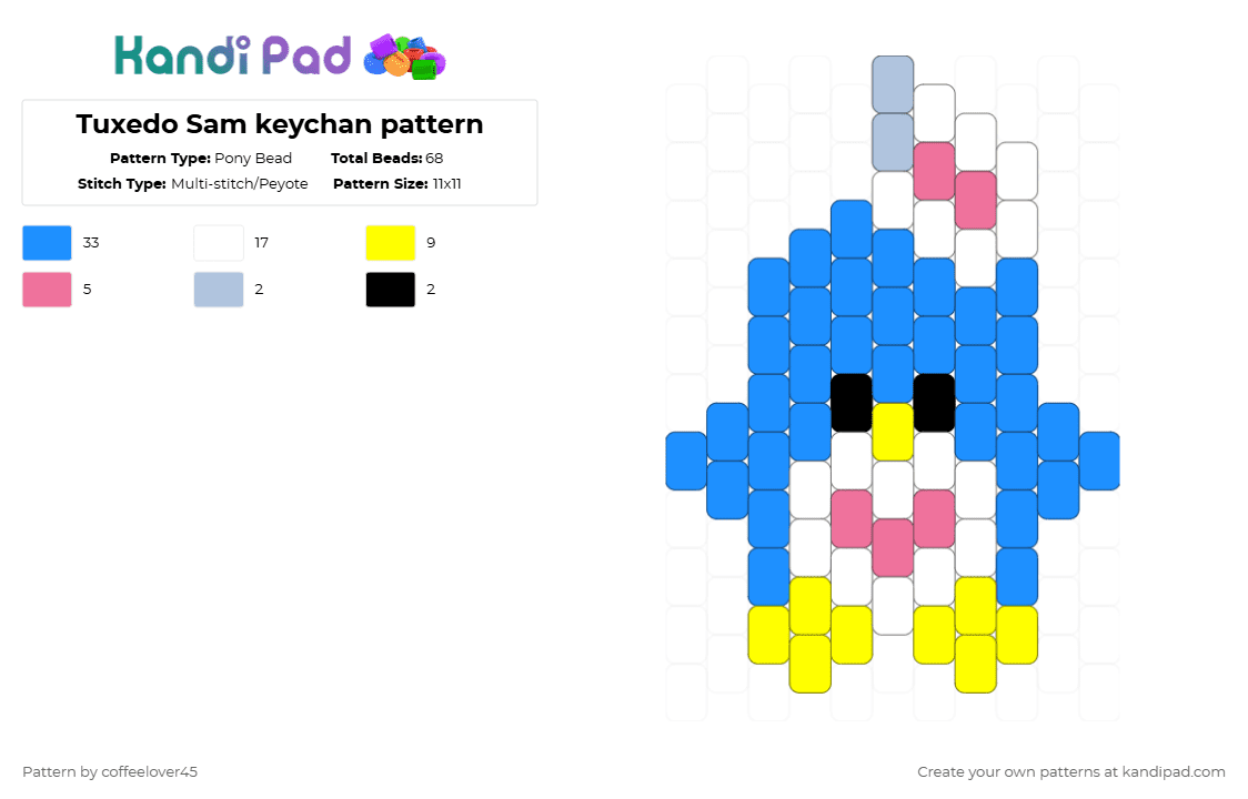 Tuxedo Sam keychan pattern - Pony Bead Pattern by coffeelover45 on Kandi Pad - light blue