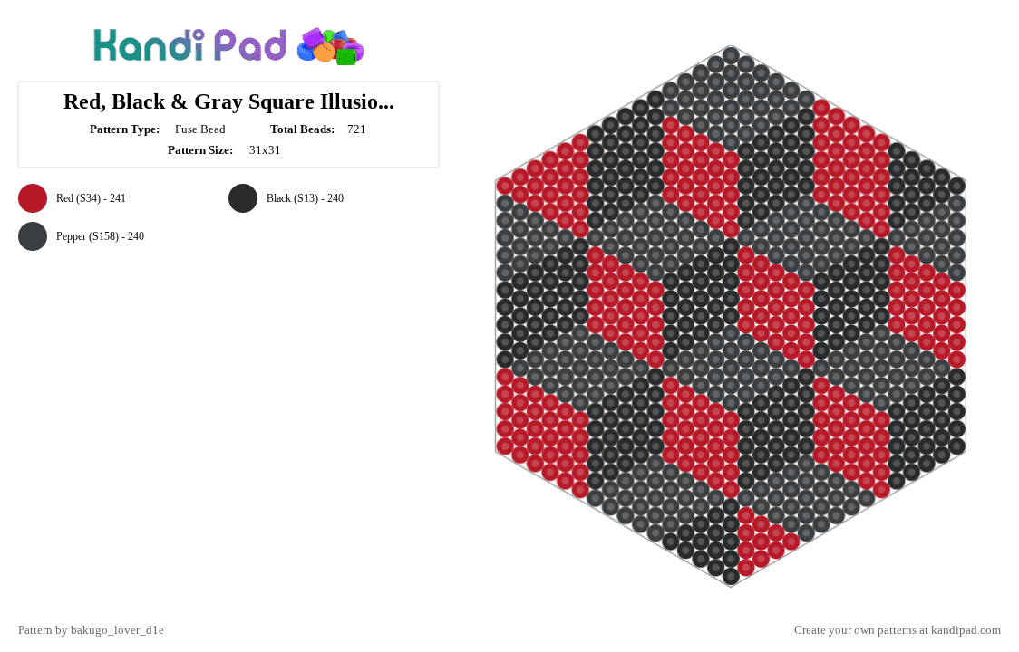 Red, Black & Gray Square Illusion Pattern - Fuse Bead Pattern by bakugo_lover_d1e on Kandi Pad - black,red