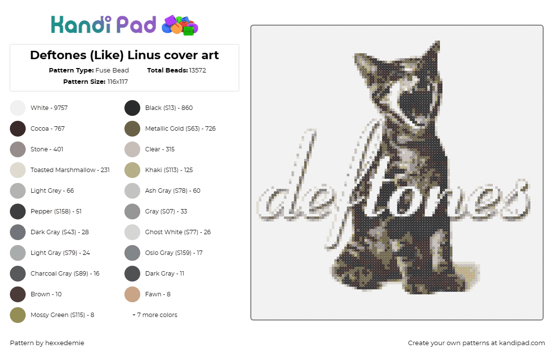 Deftones (Like) Linus cover art - Fuse Bead Pattern by hexxedemie on Kandi Pad - deftones,band,cat,album,music,cover art,alternative,metal,fan tribute,gray,white