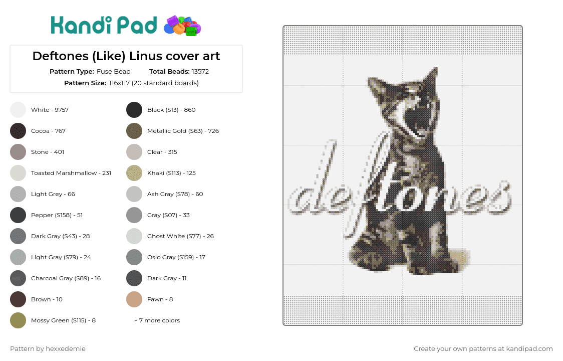 Deftones (Like) Linus cover art - Fuse Bead Pattern by hexxedemie on Kandi Pad - deftones,band,cat,album,music,cover art,alternative,metal,fan tribute,gray,white