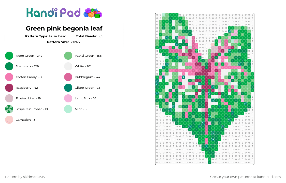 Green pink begonia leaf - Fuse Bead Pattern by skidmark1313 on Kandi Pad - teal,green,pink