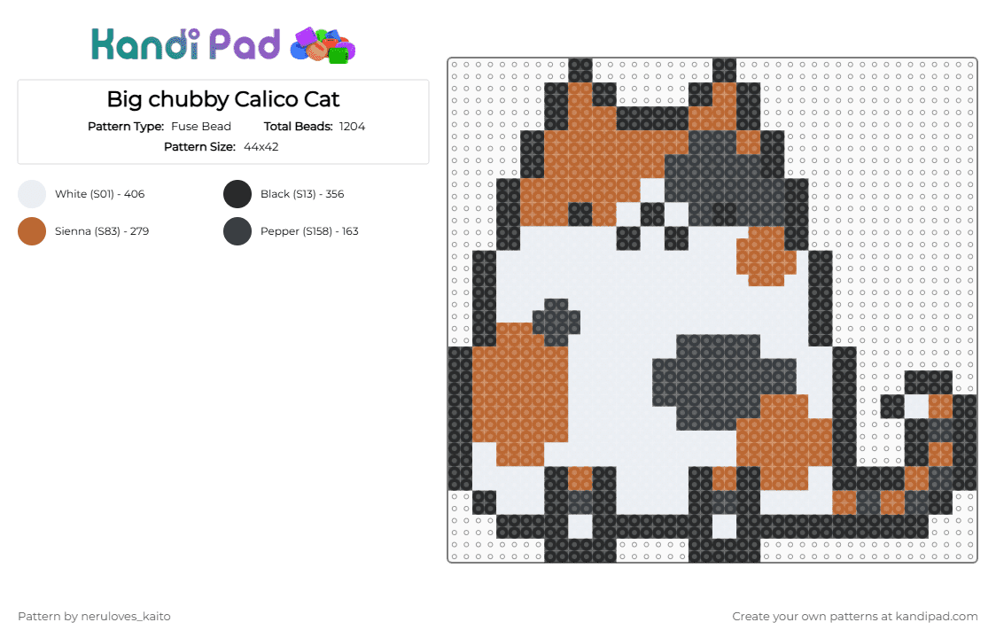 Big chubby Calico Cat - Fuse Bead Pattern by neruloves_kaito on Kandi Pad - tan,white