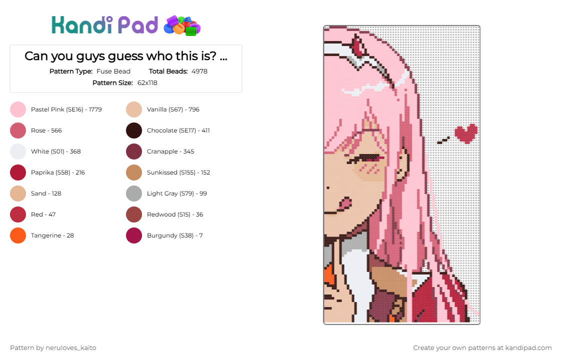 Zero Two! - Fuse Bead Pattern by rain-is-main on Kandi Pad - beige, brown, pink, red