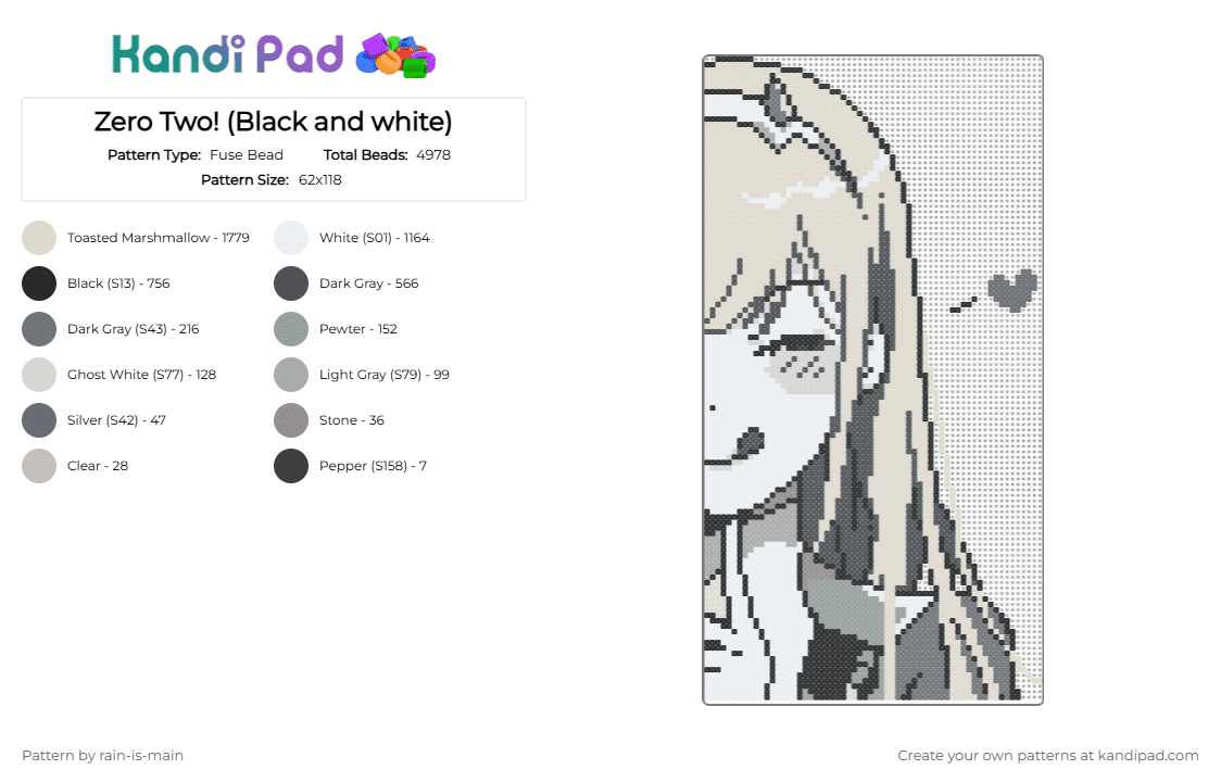 Zero Two! (Black and white) - Fuse Bead Pattern by rain-is-main on Kandi Pad - beige, gray