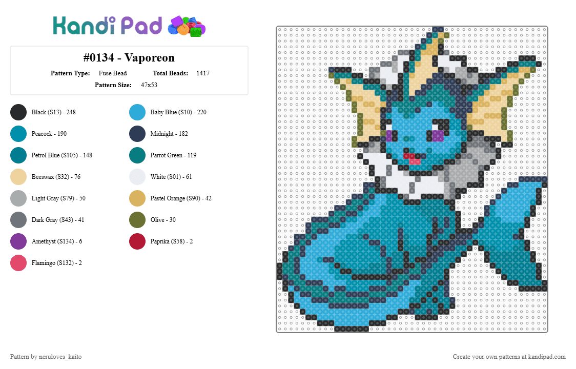 #0134 - Vaporeon - Fuse Bead Pattern by neruloves_kaito on Kandi Pad - purple,teal,light blue
