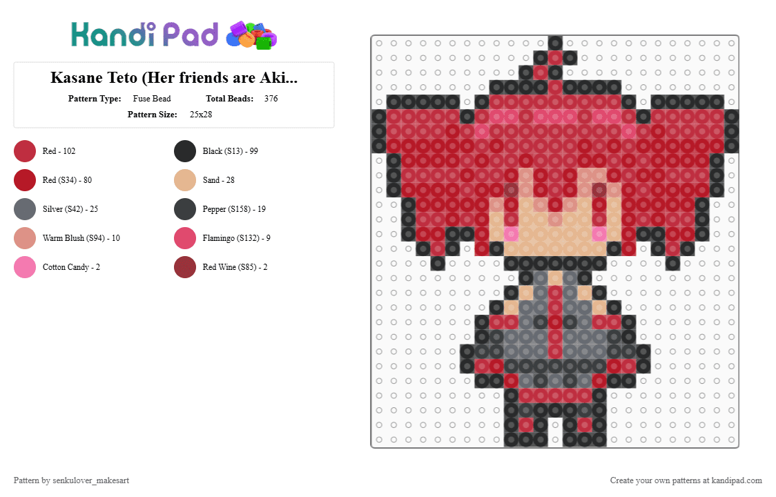 Kasane Teto (Her friends are Akita Neru and Hatsune Miku) - Fuse Bead Pattern by neruloves_kaito on Kandi Pad - red
