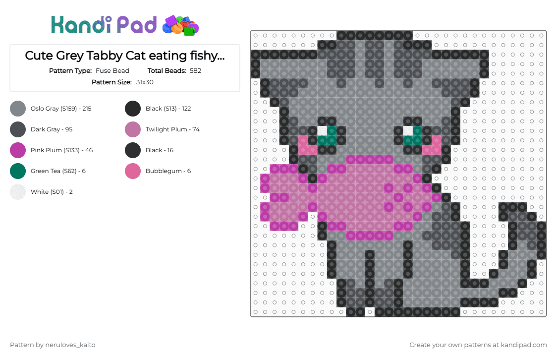 Cute Grey Tabby Cat eating fishy! (Pink fish) - Fuse Bead Pattern by neruloves_kaito on Kandi Pad - gray