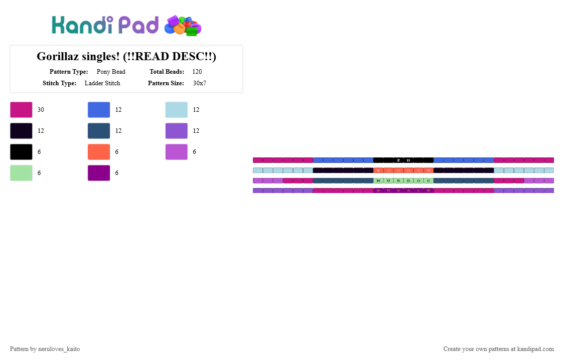 Gorillaz singles! (!!READ DESC!!) - Pony Bead Pattern by rain-is-main on Kandi Pad - pink,blue