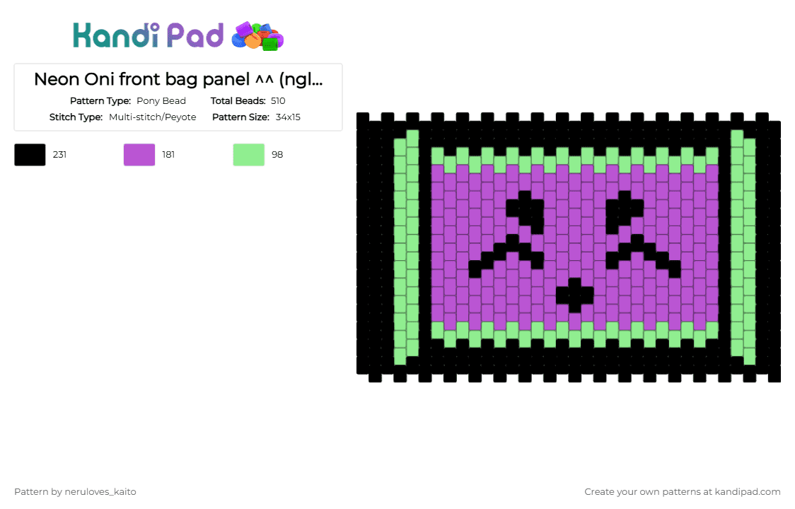 Neon Oni front bag panel (!!REMIX!!) [ngl kinda fugly lol] - Pony Bead Pattern by rain-is-main on Kandi Pad - teal,pink