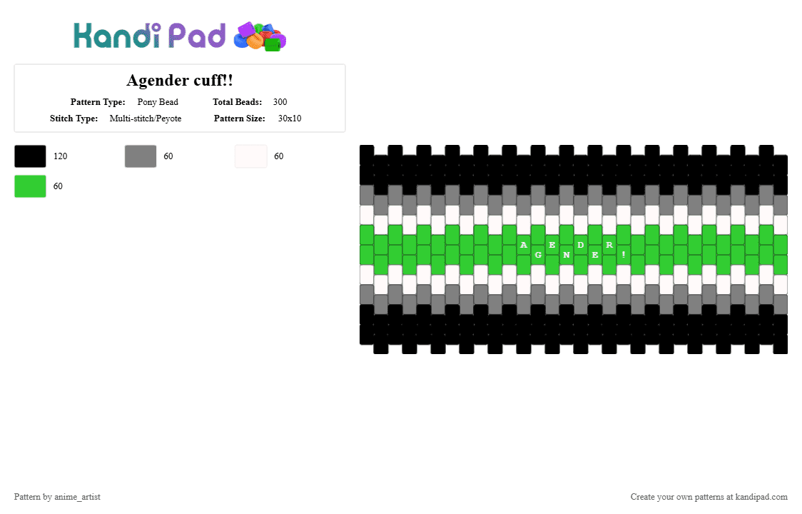 Agender cuff!! - Pony Bead Pattern by rain-is-main on Kandi Pad - gray,green