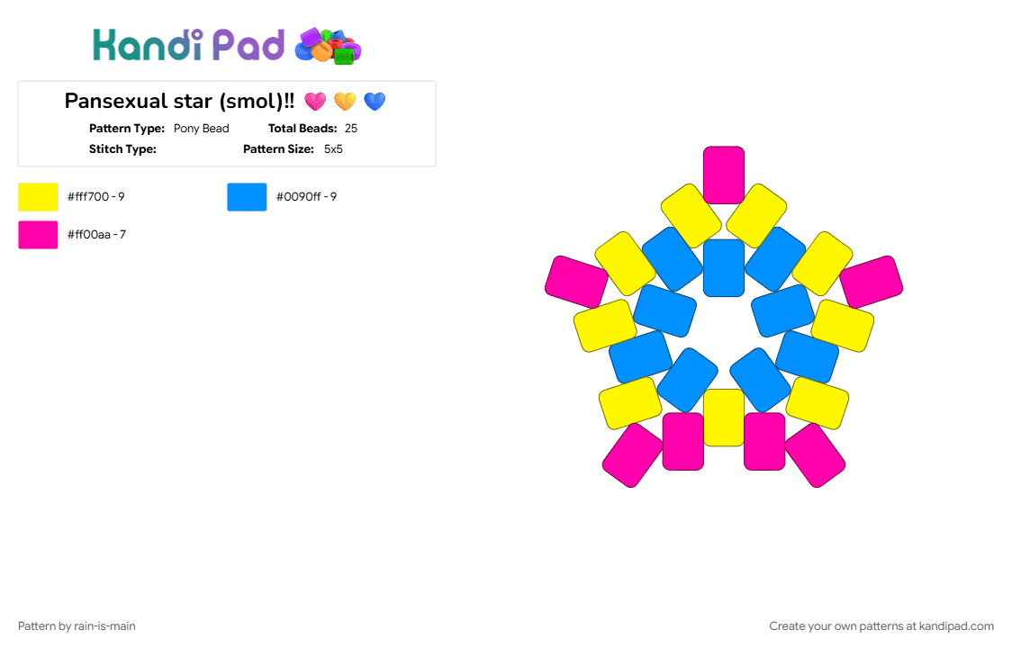 Pansexual star (smol)!! 🩷💛💙 - Pony Bead Pattern by rain-is-main on Kandi Pad - light blue, yellow