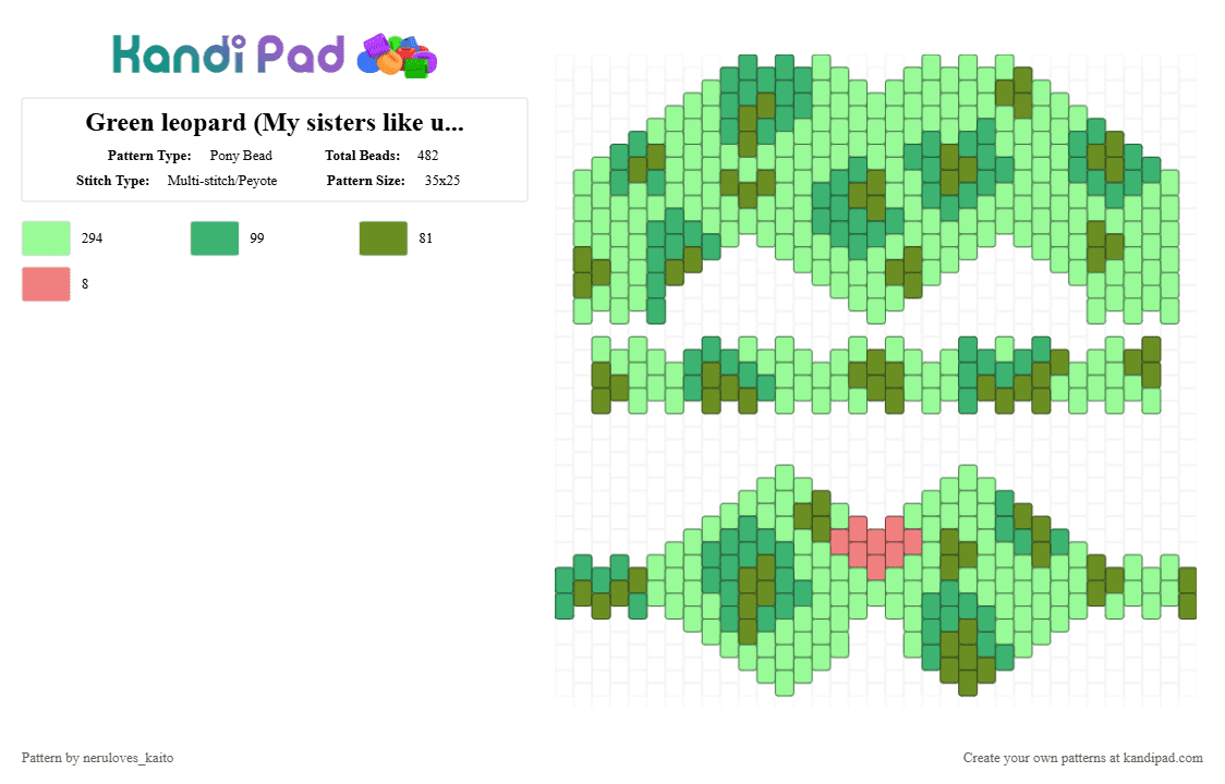 Green leopard (My sisters like uh... thing she wanted) - Pony Bead Pattern by rain-is-main on Kandi Pad - green,teal