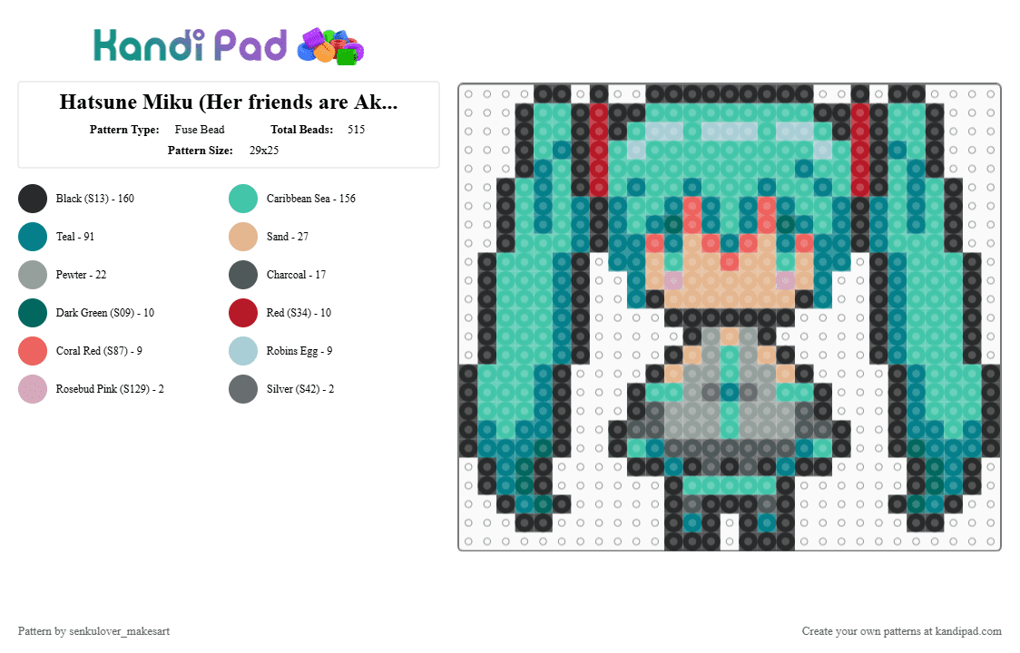 Hatsune Miku (Her friends are Akita Neru and Kasane Teto, Etc. Etc) - Fuse Bead Pattern by neruloves_kaito on Kandi Pad - teal