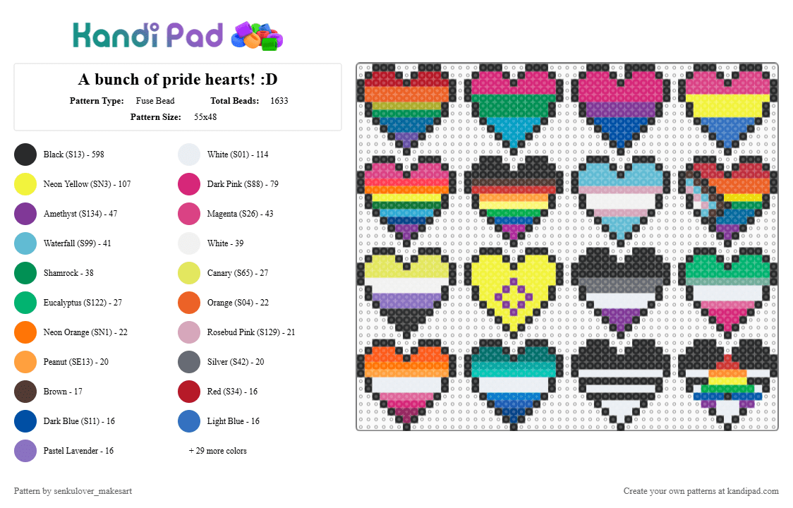 A bunch of pride hearts! :D - Fuse Bead Pattern by neruloves_kaito on Kandi Pad - black,pink,orange,yellow,colorful