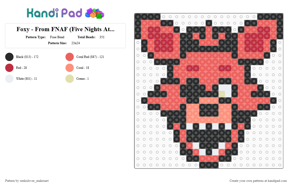 Foxy - From FNAF (Five Nights At Freddy\'s) - Fuse Bead Pattern by neruloves_kaito on Kandi Pad - black,red