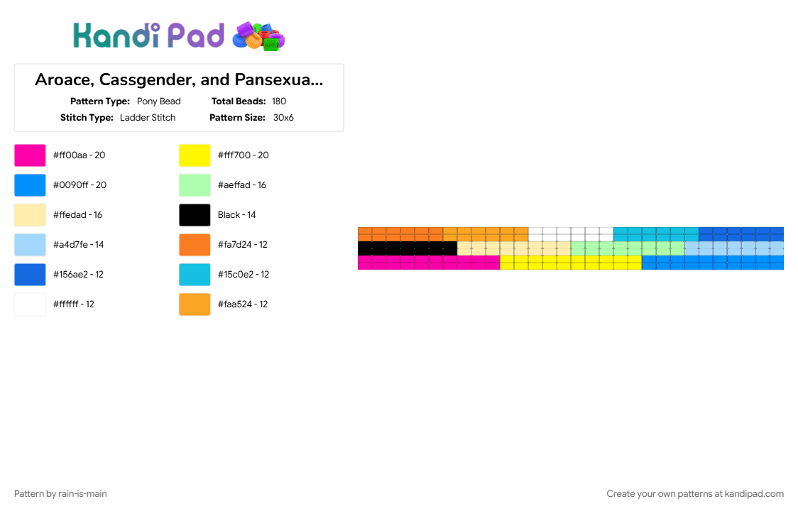 Aroace, Cassgender, and Pansexual ladder stitch cuff!! 🧡💛🤍🩵💙🖤💛💚🩵🩷💛💙 - Pony Bead Pattern by rain-is-main on Kandi Pad - 