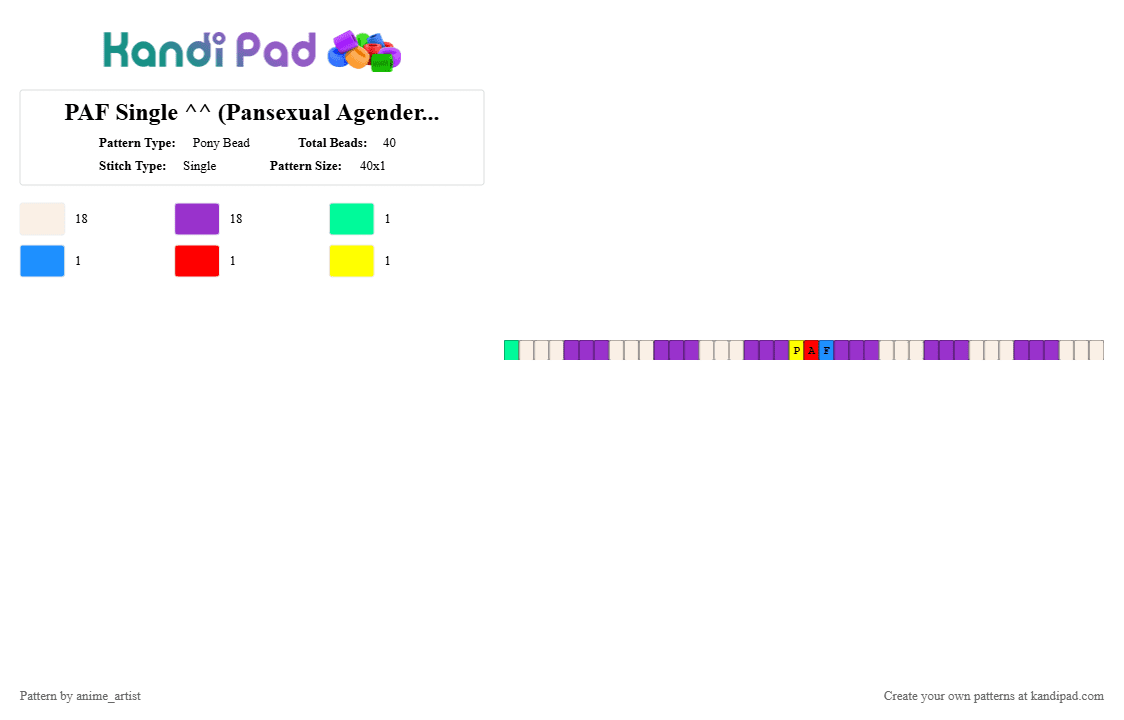 PAF Single ^^ (Pansexual Agender Furry) - Pony Bead Pattern by rain-is-main on Kandi Pad - white,purple