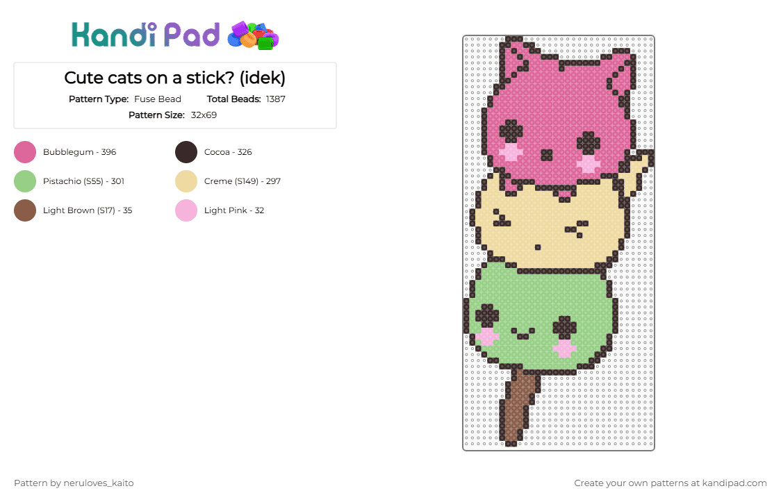 Cute cats on a stick? (idek) - Fuse Bead Pattern by neruloves_kaito on Kandi Pad - brown,teal,pink,beige