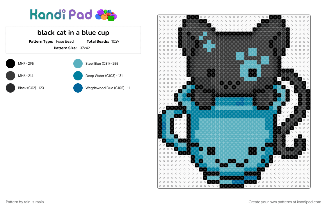 black cat in a blue cup🩵 - Fuse Bead Pattern by rain-is-main on Kandi Pad - teal