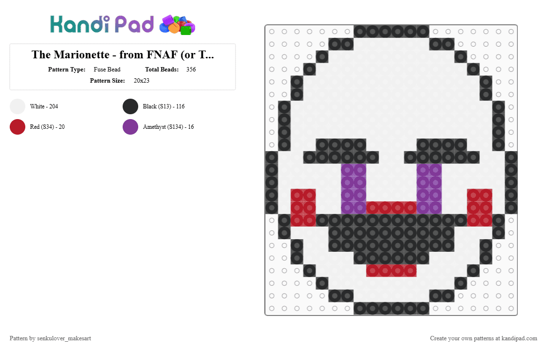 The Marionette - from FNAF (or The Puppet from Five Nights At Freddy\'s) - Fuse Bead Pattern by neruloves_kaito on Kandi Pad - white,red,pink