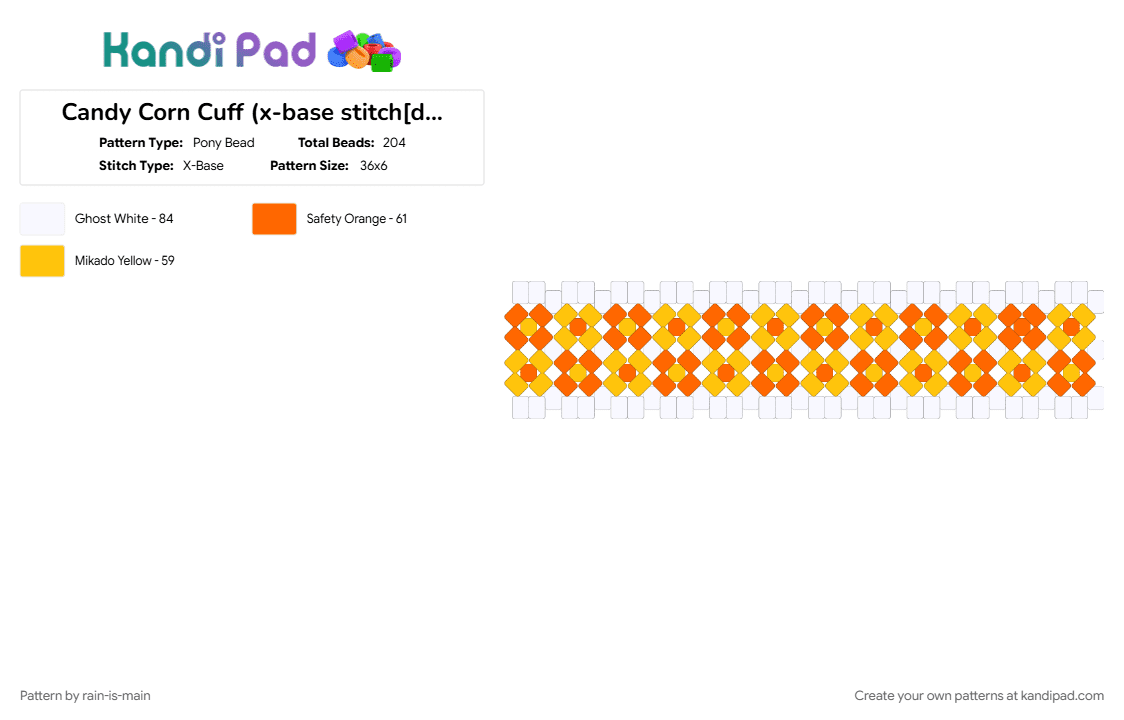 Candy Corn Cuff (x-base stitch[double]) 💛🧡🤍 - Pony Bead Pattern by rain-is-main on Kandi Pad - 