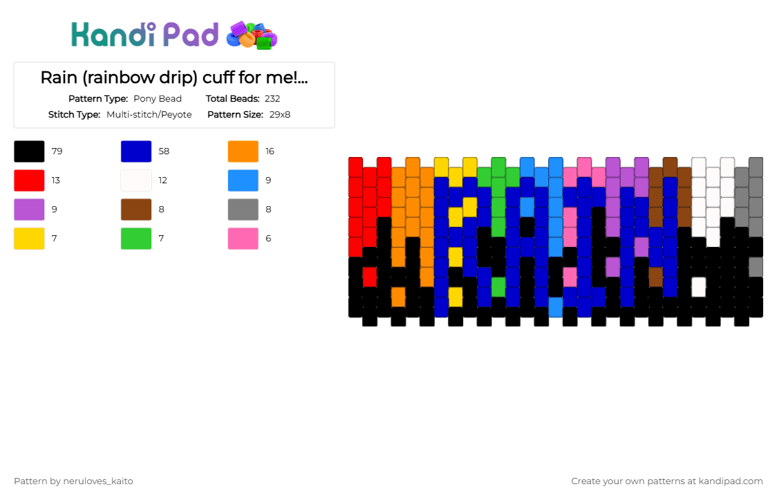 Rain (rainbow drip) cuff for me! Rain - Pony Bead Pattern by rain-is-main on Kandi Pad - orange, purple, red