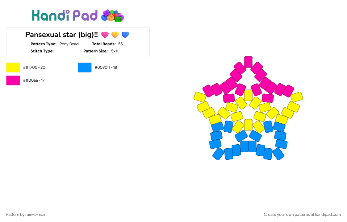 Pansexual star (big)!! 🩷💛💙 - Pony Bead Pattern by rain-is-main on Kandi Pad - light blue, yellow