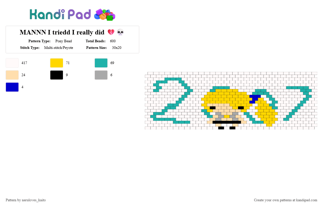 MANNN I triedd I really did 💔💀 - Pony Bead Pattern by rain-is-main on Kandi Pad - teal, white, yellow